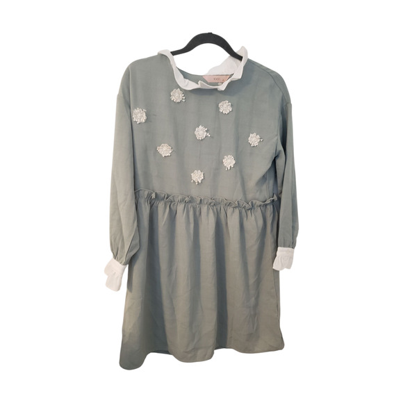 YOCO Dress Womens Small Sage Green Long Sleeve Ruffle Collar Floral Applique - Picture 1 of 16